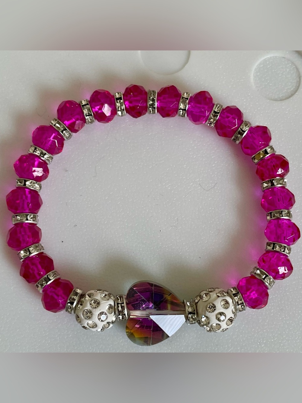 Czech Crystal Fuschia Heart Bracelet 7”-8” stretchy NEW Gorgeous!